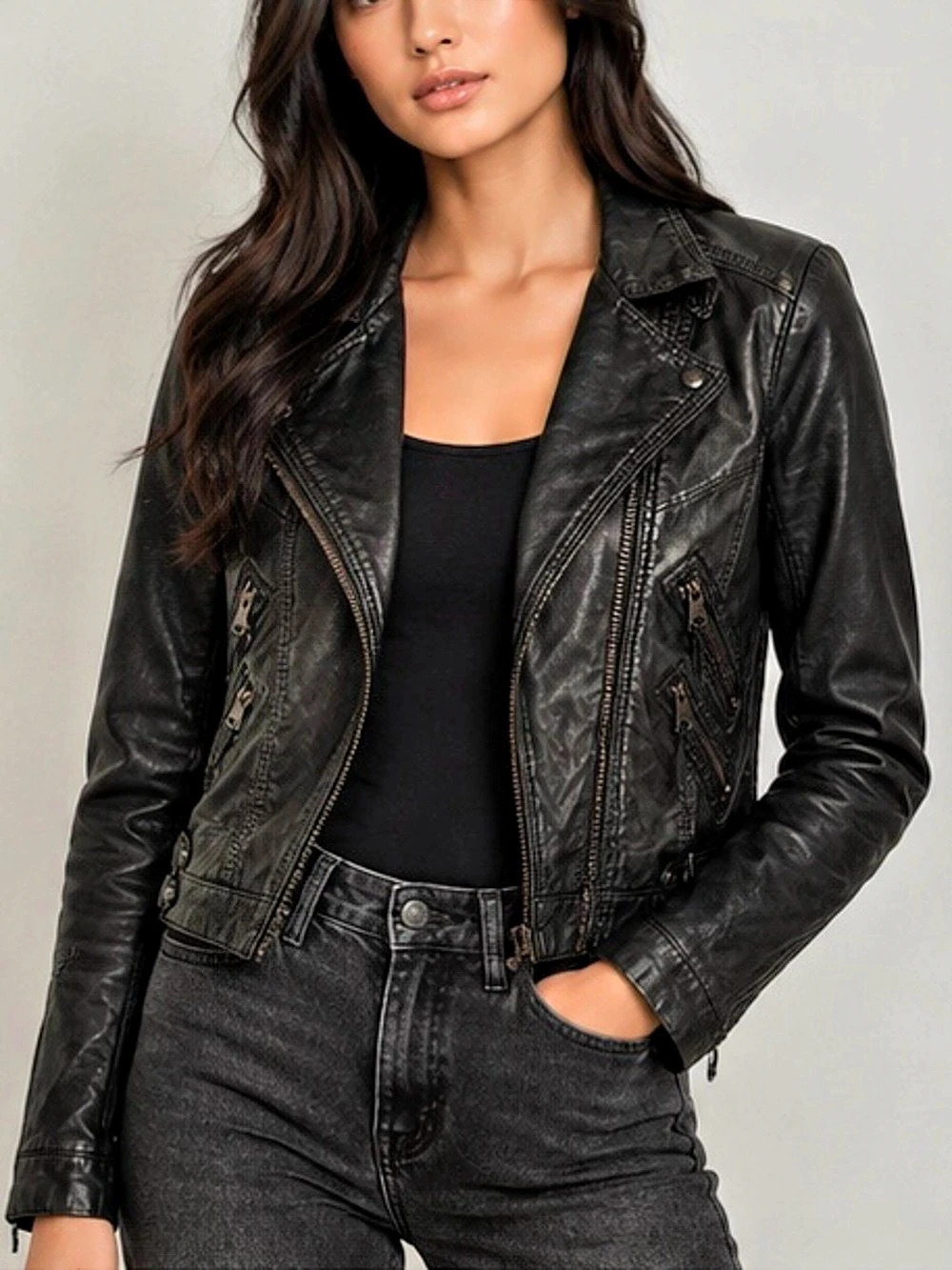 Black Leather Moto Jacket Silver Accents